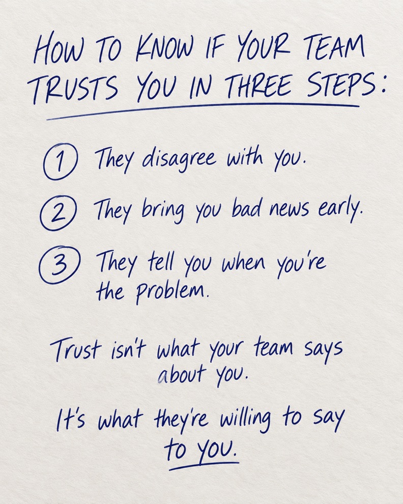 Handwritten note by Claudia Beck: How to know if your team trusts you in three steps. 1. They disagree with you. 2. They bring you bad news early. 3. They tell you when you're the problem. Trust isn't what your team says about you. It's what they're willing to say to you.